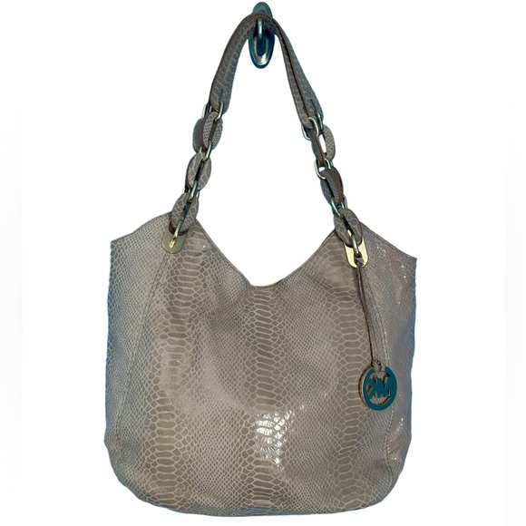 Michael Kors Large Beige Snakeskin Embossed Handbag Purse EUC - Picture 1 of 12